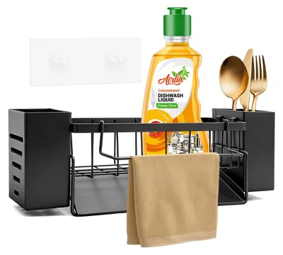 Produktbild von Küchenorganizer für die Spüle, Schwammhalter mit Geschirrtuchhalter und 2 Aufbewahrungsboxen, wandmontierter Spülenorganizer mit automatischem Abfluss, Spülenorganizer für Küche und Bad