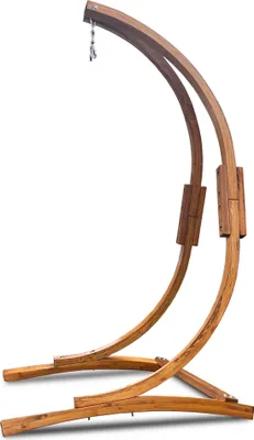 A wooden hammock chair stand against a white background.