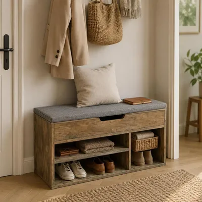 Image de Meuble à chaussures avec compartiment rabattable et coussin de siège, 100 cm, marron foncé