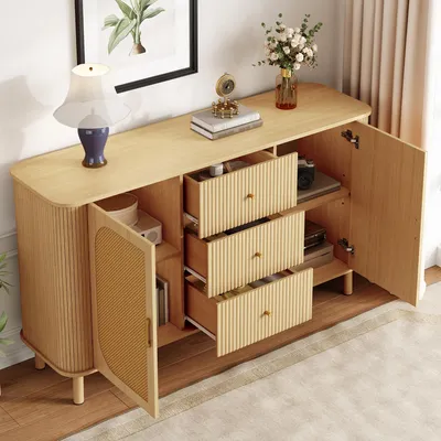 Produktbild von MODFU Sideboard mit Rattan-Türblatt,Schrank mit Schubladen,Beistellschrank Vitrine mit Aussparung in der Rückwand,Buffetschrank mit  Metallbeinen