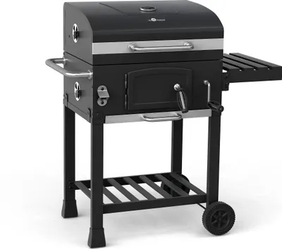 A black charcoal grill with silver accents on a white background.