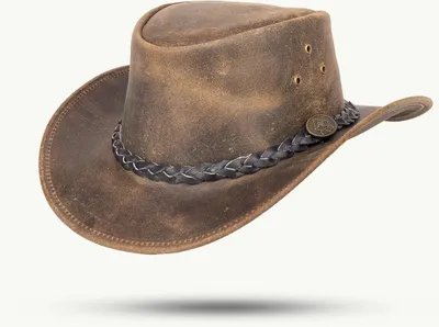 A brown leather cowboy hat is shown against a white background.
