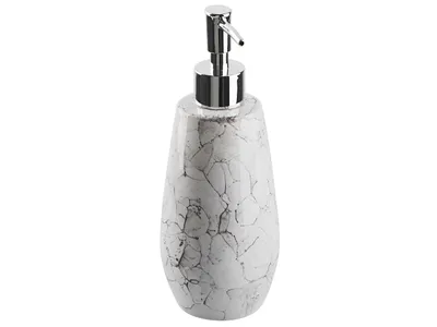 A single soap dispenser with a marble-like pattern and a silver pump.