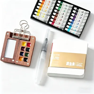 Productafbeelding van Mini Houten Waterverf Palette, Reisset, Metalen Ringbinder, Voor Gouache en Waterverf, Compact