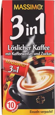 Produktbild von MASSIMO 3in1 Instant Kaffee mit Kaffeeweißer Zucker 10 Sticks x 18g Kaffeestick
