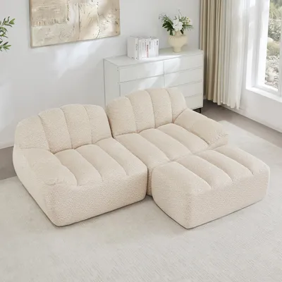 Produktbild von 2-Sitzer L-förmiges Modulares Boneless Sofa, Muschelform, tiefe Sitzkissen mit 1 Ottoman, Sofa für Wohnzimmer, kein Aufbau nötig,Beige Weiß