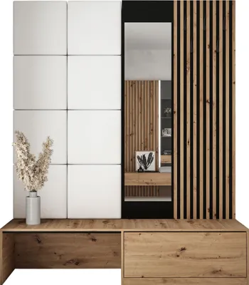 Produktbild von MIRJAN24 Garderoben-Set Premium, Garderobe mit 8x Wandpanel 42x42, Schuhschrank + Spiegel + Lamellen Paneel mit Kleiderhaken (Farbe: Artisan Eiche, Soft 017)