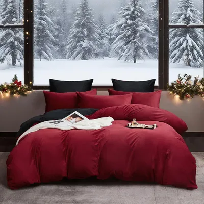 Immagine prodotto di Biancheria da letto invernale, 220x240 cm, set da 3 pezzi, bordeaux e nero, in morbida microfibra. Lenzuolo con cerniera e 2 federe 80x80 cm
