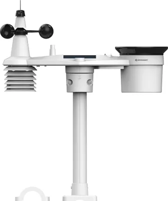 A white weather station with multiple sensors mounted on a pole, against a white background.
