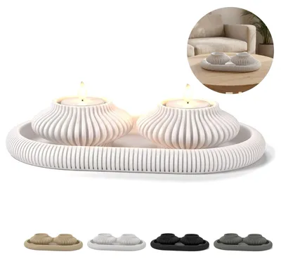 Immagine prodotto di Vassoio decorativo ovale con 2 portacandele LED, set rigato stile japandi – Bianco
