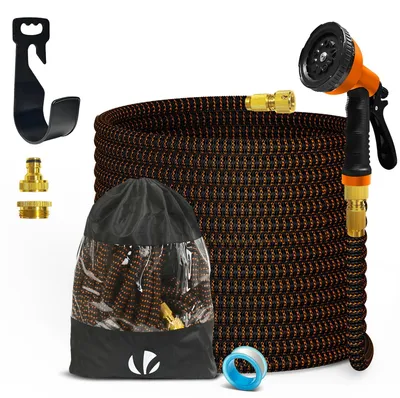 Produktbild von VOUNOT® Flexibler Gartenschlauch 15m, Flexibel Wasserschlauch Dehnbarer mit 10 Sprühfunktionen, Messinganschlüssen,Orange