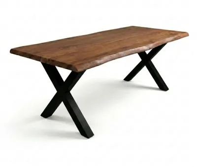 Produktbild von Baumkantentisch Cali 320 x 120 cm, Akazienholz massiv nussbaumfarben, 50 mm Tischplatte, Esstisch mit X-Metallgestell Schwarz, Industrial-Design