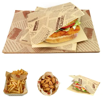 Image de 100 feuilles de papier sulfurisé à motifs de journaux, 18 x 18 cm et 30 x 20 cm (50 feuilles de chaque format), papier sulfurisé résistant à l'huile pour hamburgers, frites et sandwichs.