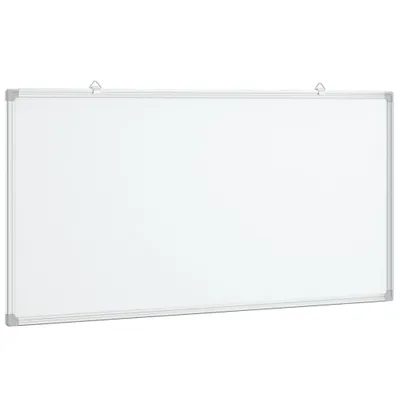 A white whiteboard with a silver frame, hanging from two hooks.