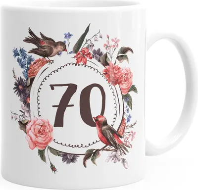 Produktbild von Geburtstags-Tasse 70 siebzig Geschenk-Tasse Kaffee-Tasse Blumen Blüten Blumenkranz MoonWorks® weiß unisize
