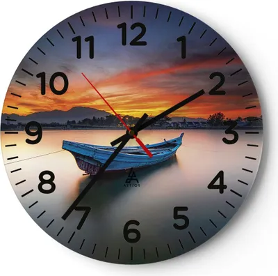 Produktbild von Wanduhr - Rund - Glasuhr - Westen Sonne Boot - 40x40cm - Schleichendes Uhrwerk - Lautlos - zum Aufhängen bereit - Dekoration Modern - Wanddekoration aus Glas - C4AR40x40-4791
