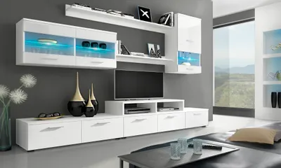 Produktbild von Glanzlack Wohnwand, Wohnzimmerschrank, Anbauwand, Esszimmer mit LEDs, weiß matt und weiß lackiert, 250x194x42cm