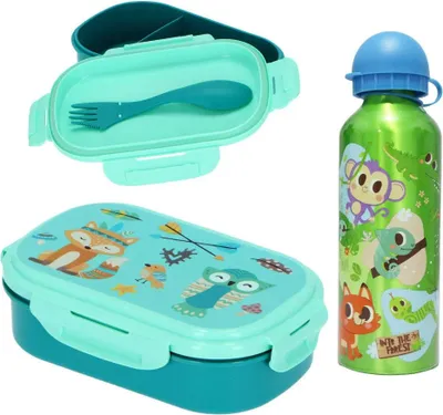 Produktbild von Waldtiere 3 tlg Kinder Lunch Set Brotdose Aluminium Trinkflasche 500 ml Göffel – Bunt
