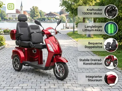 Obrázok produktu pre Elektrický skúter pre seniorov Billy 2.0, lítiová batéria, 3 kolesá, 1000 W, pohodlné sedadlo, červená farba