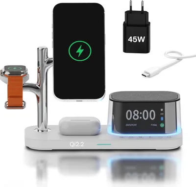 Produktbild von Kabellose Ladestation 5-in-1 mit Wecker, Bluetooth-Lautsprecher & LED-Nachtlicht
