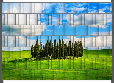 Produktbild von Wallario Zaunsichtschutz mit Motiv Kleiner Wald inmitten einer weiten Wiese für Ein- und Doppelstabmatten Zäune in der Größe 200 x 140 cm