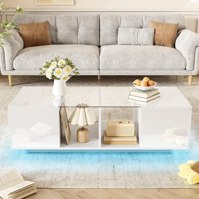Produktbild von MODFU Couchtisch Weiß Wohnzimmertisch mit LED-Hochglanz  Beistelltisch Sofatisch mit 2 Tür und Glasablage,Kaffeetisch für Wohnzimmer und Schlafzimmer
