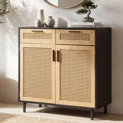 Zdjęcie produktu dla FineBuy Komoda 80x86,5x40 cm Czarna z Wikliną Wiedeńską Wysoka Komoda Ponadczasowa Szafka Podłogowa do Salonu z 2 Drzwiczkami i Szufladami