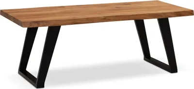 Couchtisch Akazie Massivholz mit Baumkante und schwarzem Metallgestell in Gesamtansicht.