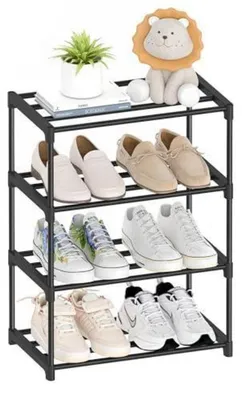 Zdjęcie produktu dla Metalowa półka na buty, 4 półki, wąska, możliwość układania w stos, kolor czarny, wymiary: 41,4 x 25,9 x 54,6 cm