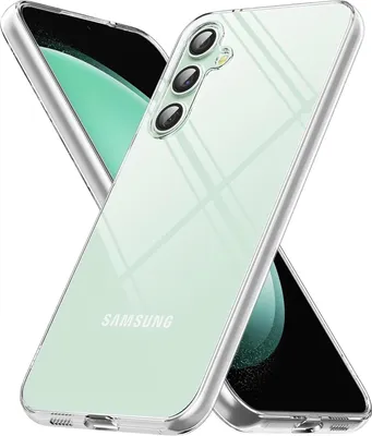 A transparent phone case with a light green tint, showing the Samsung logo on the back of a phone.