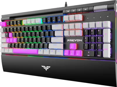 Produktbild von PREYON Long Scratch Brown Gaming-Tastatur, Handballenauflage, Outemu Brown Schalter, Aluminiumgehäuse, RGB-Beleuchtung, Antighosting