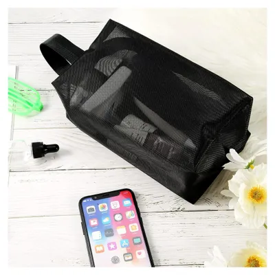 Produktbild von Schwarze Mesh-Duschtasche mit Reißverschluss und Tragegriffen