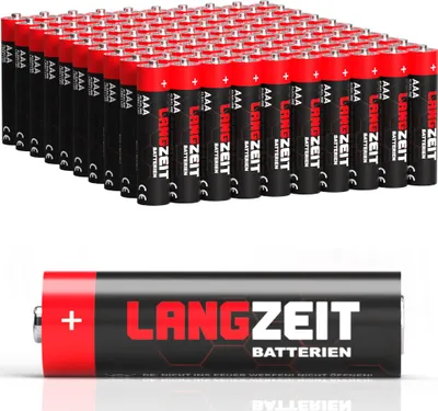 A large group of AAA batteries are stacked in rows, with one battery in the foreground showing the brand name and details.