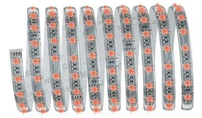 A coiled LED strip light with multiple orange lights illuminated.