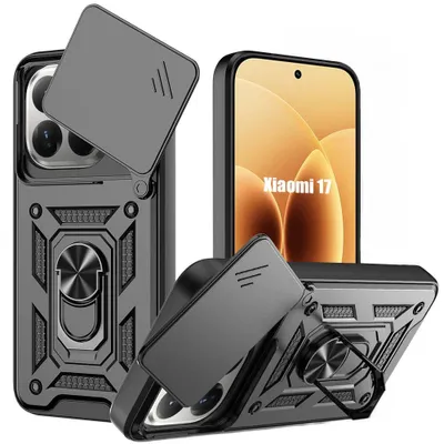 Image de Coque pour Xiaomi 17, Rigide Antichoc avec Anneau et Protection Caméra Coulissante - Noir