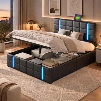 Produktbild von INONEFT Hydraulisches Polsterbett 140x200 cm mit LED Beleuchtung, Doppelbett Jugendbett mit USB Anschlüsse, Bettgestell mit Lattenrost, PolyurethanSchwarz, KI-generiertes Bild