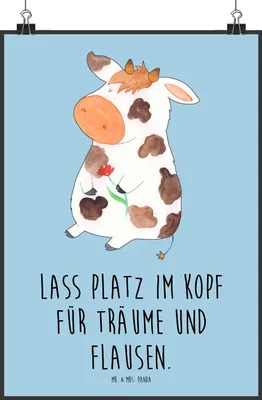 Produktbild von Mr. & Mrs. Panda Bild Kuh DIN A2 - Blau Pastell - Geschenk, Plakat, wanddeko, Bauernhof, Wandbild, Milch, drucke, Wanddekoration, Spruch, Kühe, Hof