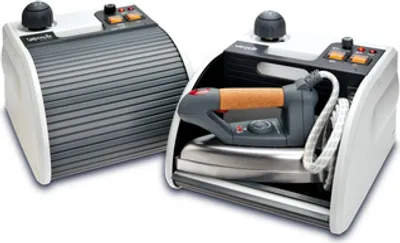 Two steam generator irons are shown, one with the iron inside its base unit and the other with the base unit alone.