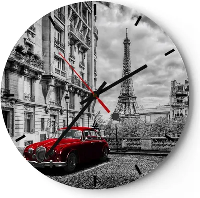 Produktbild von Wanduhr - Rund - Glasuhr - Auto Eiffle Straße Gebäude - 30x30cm - Schleichendes Uhrwerk - Lautlos - zum Aufhängen bereit - Dekoration Modern - Wanddekoration aus Glas - C3AR30x30-3214