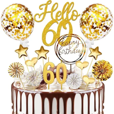 Produktbild von Tortendeko 60 Geburtstag Frau Mann Gold 20 Stück Cake Topper mit Kerzen