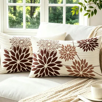 Immagine prodotto di Set di 2 federe per cuscini, 30x50 cm, colore rosso con motivo floreale, velluto bordeaux