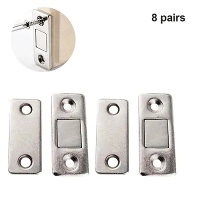 A collage of magnetic door catches, showing both a close-up of installation and individual items.