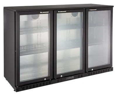 Produktbild von GastroHero Barkühlschrank ECO 350 schwarz 338 Liter Getränkekühlschrank 3 Glastüren LED unterbaufähig Umluft