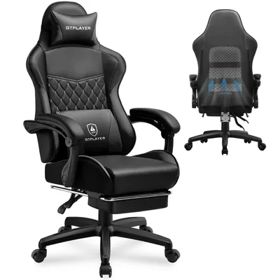 A black gaming chair is shown from the front and back, with a diagram illustrating airflow on the back.