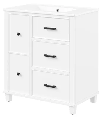 Produktbild von Badmöbel - Freistehender Waschtischunterschrank - 76,5 x 47 x 83,5 cm - Integriertes Keramikbecken - Keramik/MDF - Seitliche Schublade - Weiß