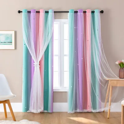 Zdjęcie produktu dla Zasłony zaciemniające 160 x 86 cm, fioletowy i różowy, wzór tęczy, do pokoju dziecięcego