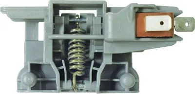 A gray plastic latch mechanism with internal metal components and a brown electrical connector.