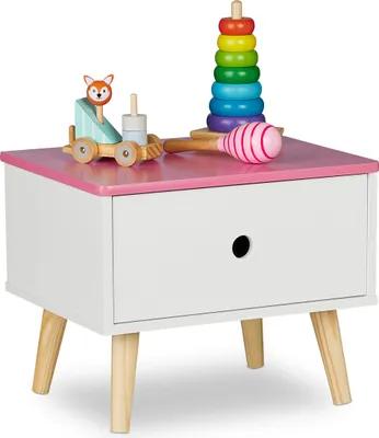 Produktbild von Relaxdays Nachttisch Kinder, mit Schublade, HBT 31 x 38 x 30 cm, Kinderzimmer, kleine Kommode, Holz & MDF, weiß/rosa