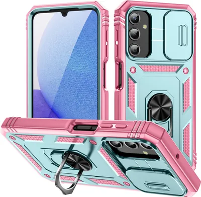 Image de Etui pour Samsung Galaxy A25 avec protection coulissante de l'appareil photo, résistant aux chocs, avec porte-anneau, support et porte-cartes Rose Vert