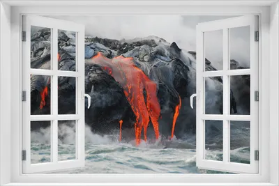 Produktbild von Wallario Wandbild aus Acryl, 60 x 90 cm, freischwebende Optik - Lavastrom ins Meer mit Fenster-Illusion